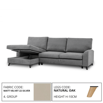 Sofa MERLIN SLEEPING (Left corner, extendable) (MATT VELVET 22 SILVER)